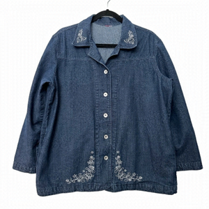 Vintage Denim Shirt Embroidered Dark Wash Costal Grandma Festival Summer Jacket